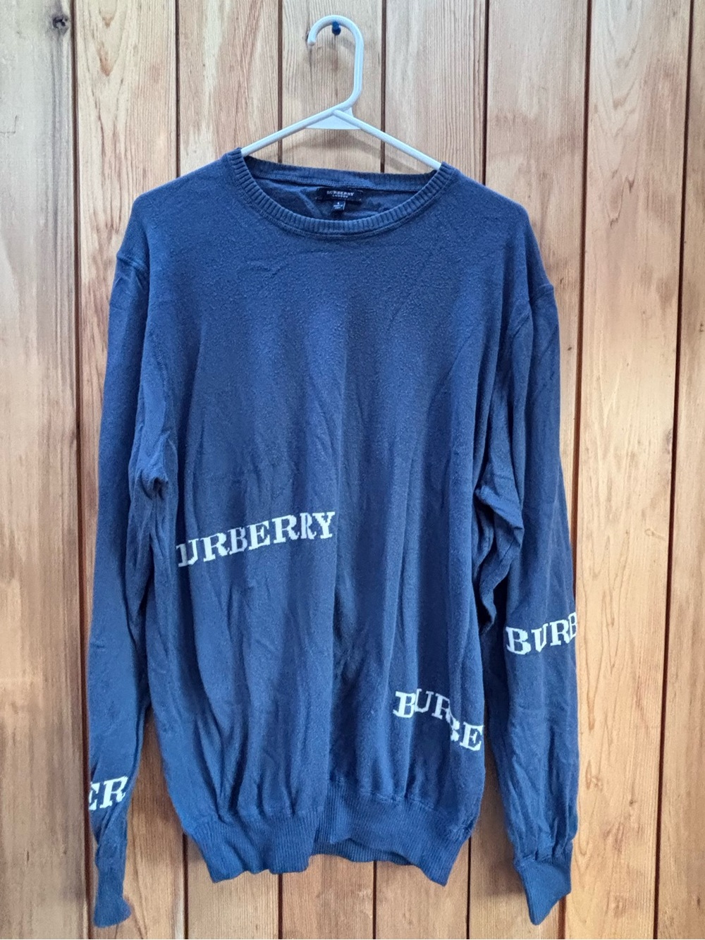 Burberry London Men’s Blue Logo Cotton Knit Sweater Size L Made In Italy *Flawed